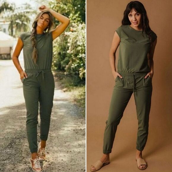 Albion Pants - Albion Fit Cap Sleeve Active Jumpsuit Olive Green Elastic Waist Onepiece Size XS